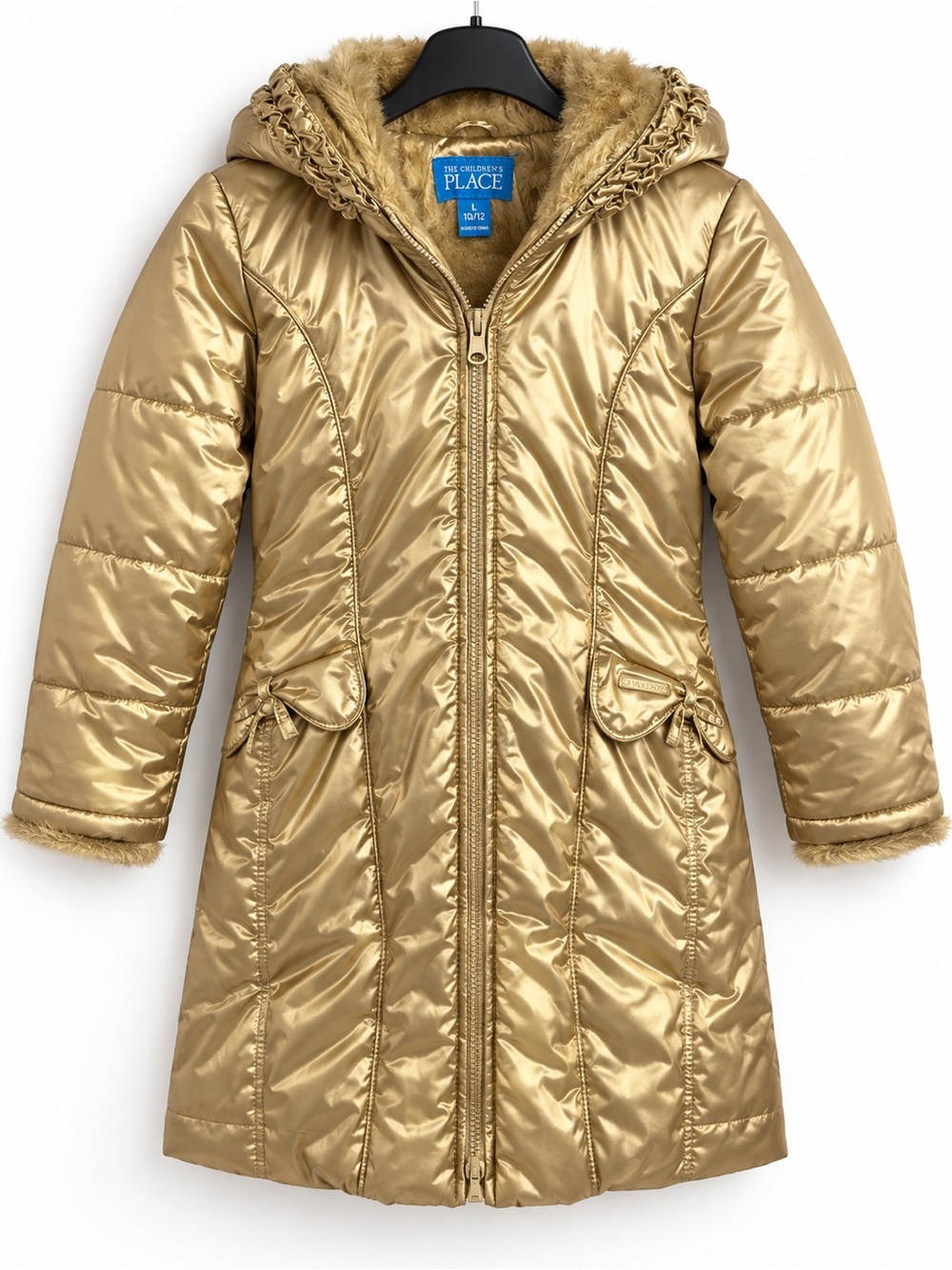 The Children's Place Shiny Gold Hooded Puffer Coat with Faux-Fur Trim